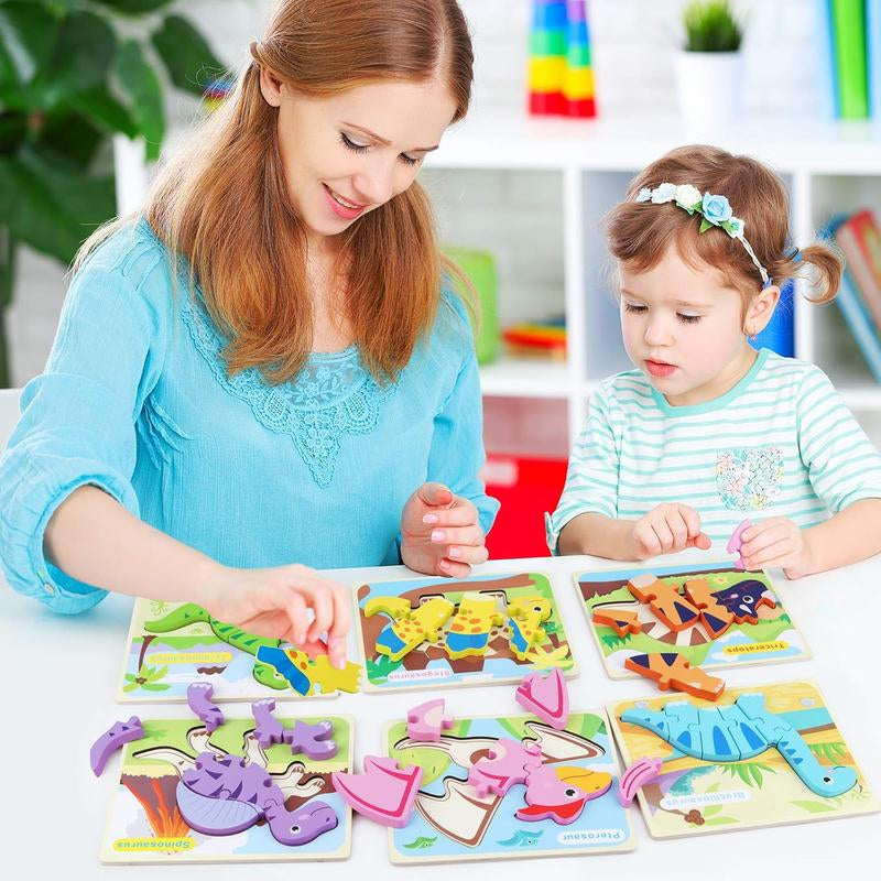 SYNARRY 6 Pack Dinosaur Wooden Puzzles for Kids 2-5, Wooden Puzzles for Toddlers, Dinosaur Puzzles for Toddlers 2 3 4 5 Year Old, 3D Dinosaur Puzzles Educational Preschool Toys for Boys and Girls