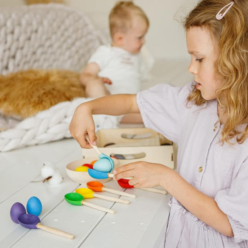 Ulanik Eggs and Spoons Toddler Montessori Toys for 1 Year Old + Kids Wooden Eggs Baby Matching Game for Learning Color Sorting and Counting — 12 Pcs, 1.8 In