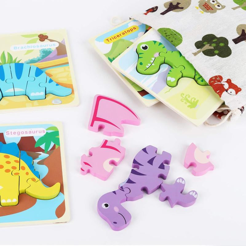 SYNARRY 6 Pack Dinosaur Wooden Puzzles for Kids 2-5, Wooden Puzzles for Toddlers, Dinosaur Puzzles for Toddlers 2 3 4 5 Year Old, 3D Dinosaur Puzzles Educational Preschool Toys for Boys and Girls