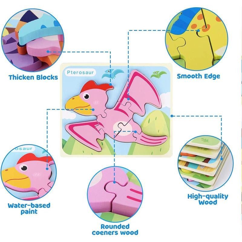 SYNARRY 6 Pack Dinosaur Wooden Puzzles for Kids 2-5, Wooden Puzzles for Toddlers, Dinosaur Puzzles for Toddlers 2 3 4 5 Year Old, 3D Dinosaur Puzzles Educational Preschool Toys for Boys and Girls