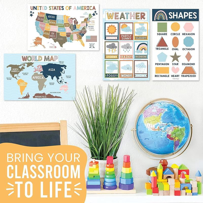 Hadley Designs Boho Early Learning Poster Pack Prek Educational Posters 16 Engaging 11X17 Laminated USA Made Classroom Decor for Toddlers and Preschoolers