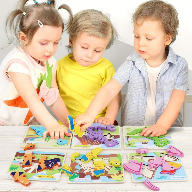 SYNARRY 6 Pack Dinosaur Wooden Puzzles for Kids 2-5, Wooden Puzzles for Toddlers, Dinosaur Puzzles for Toddlers 2 3 4 5 Year Old, 3D Dinosaur Puzzles Educational Preschool Toys for Boys and Girls