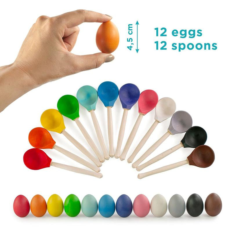 Ulanik Eggs and Spoons Toddler Montessori Toys for 1 Year Old + Kids Wooden Eggs Baby Matching Game for Learning Color Sorting and Counting — 12 Pcs, 1.8 In