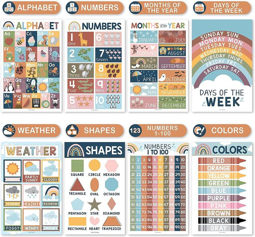 Hadley Designs Boho Early Learning Poster Pack Prek Educational Posters 16 Engaging 11X17 Laminated USA Made Classroom Decor for Toddlers and Preschoolers