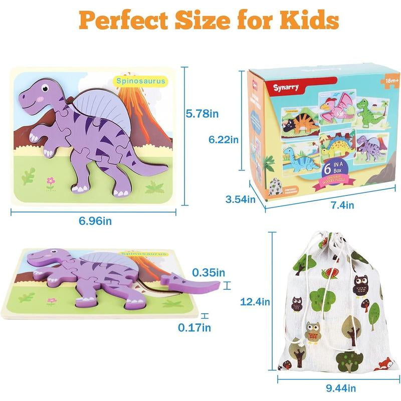 SYNARRY 6 Pack Dinosaur Wooden Puzzles for Kids 2-5, Wooden Puzzles for Toddlers, Dinosaur Puzzles for Toddlers 2 3 4 5 Year Old, 3D Dinosaur Puzzles Educational Preschool Toys for Boys and Girls