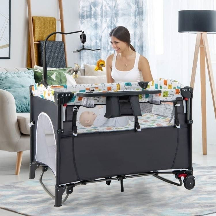 Grey Foldable Baby/Toddler Playpen Bassinet Bed Crib Music Box-1
