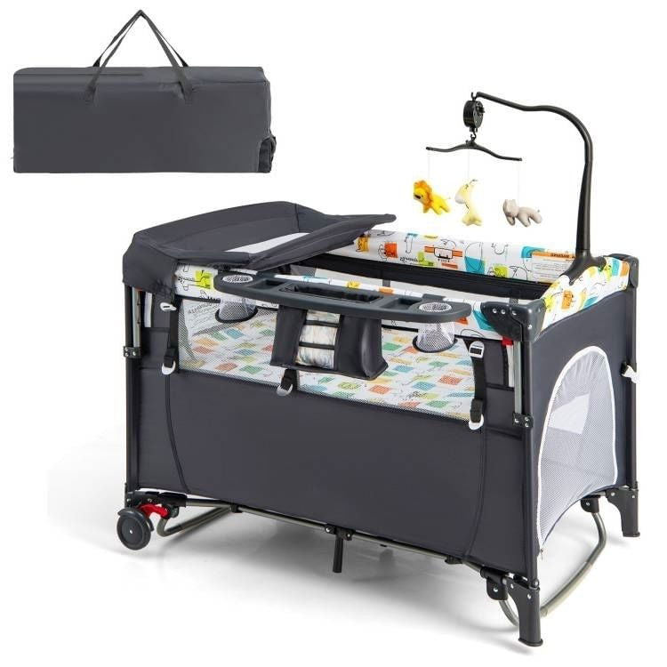 Grey Foldable Baby/Toddler Playpen Bassinet Bed Crib Music Box-2