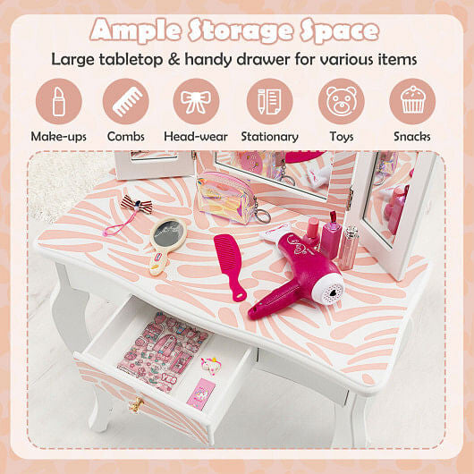 2-in-1 Kids Vanity Table Set with Tri-folding Mirror-Pink-3