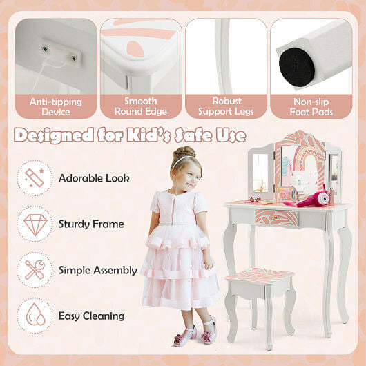 2-in-1 Kids Vanity Table Set with Tri-folding Mirror-Pink-2