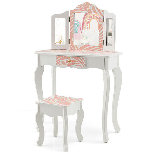 2-in-1 Kids Vanity Table Set with Tri-folding Mirror-Pink-0