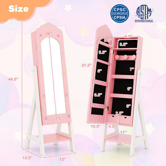 2 Pieces Kids Vanity Set and Jewelry Armoire Cabinet with Full-length Mirror-Pink
