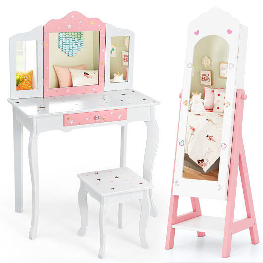 2 Pieces Kids Vanity Set and Jewelry Armoire Cabinet with Full-length Mirror-Pink