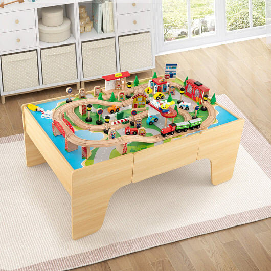 84-Piece Wooden Train Set with Reversible and Detachable Tabletop-1