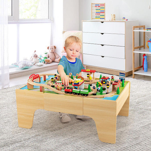 84-Piece Wooden Train Set with Reversible and Detachable Tabletop-3