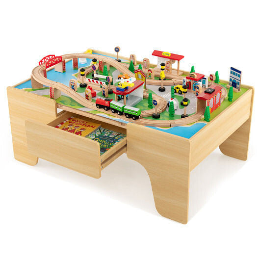 84-Piece Wooden Train Set with Reversible and Detachable Tabletop-0