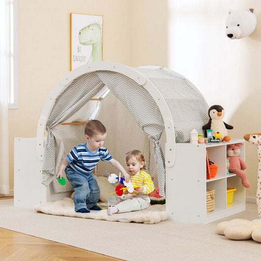 Wooden Kids Play Tent with Curtain Shades and 8 Cubbies-White-0