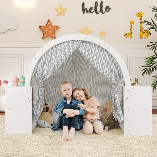 Wooden Kids Play Tent with Curtain Shades and 8 Cubbies-White-1