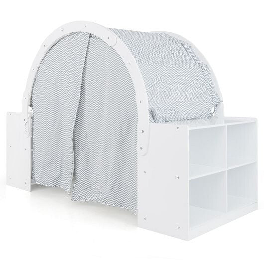 Wooden Kids Play Tent with Curtain Shades and 8 Cubbies-White-2