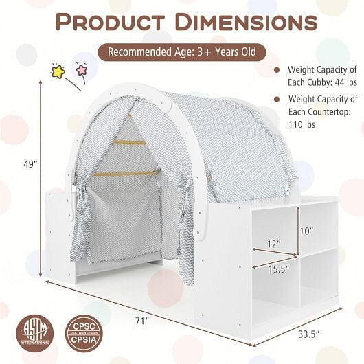 Wooden Kids Play Tent with Curtain Shades and 8 Cubbies-White-3