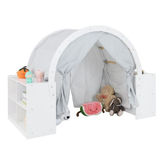 Wooden Kids Play Tent with Curtain Shades and 8 Cubbies-White-4