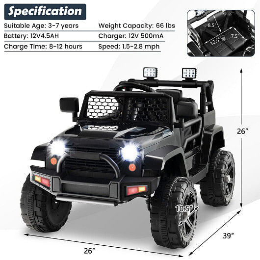12V Kids Ride On Truck with Remote Control and Headlights-Black-2