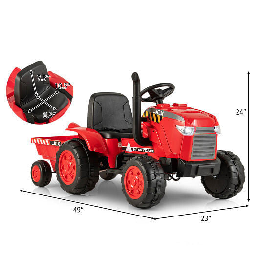 12V Kids Ride On Tractor with Trailer and Remote Control-Red-3
