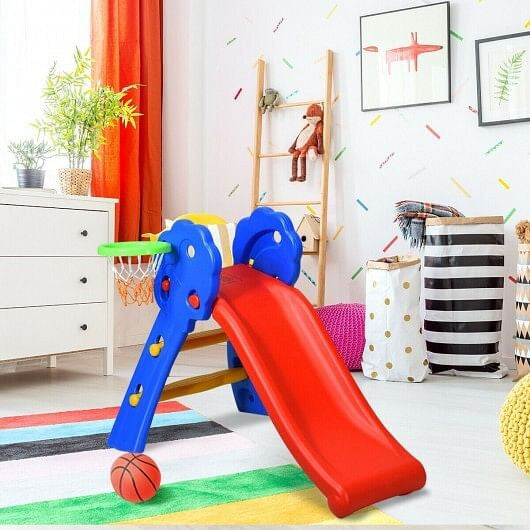 2 Step Indoors Kids Plastic Folding Slide with Basketball Hoop-2
