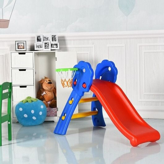 2 Step Indoors Kids Plastic Folding Slide with Basketball Hoop-4