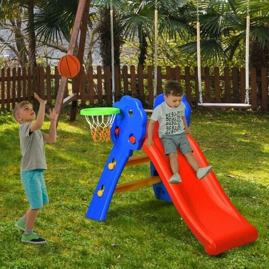 2 Step Indoors Kids Plastic Folding Slide with Basketball Hoop-5