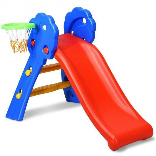 2 Step Indoors Kids Plastic Folding Slide with Basketball Hoop-3