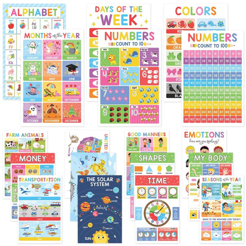 18 Laminated Educational Posters | Learning Charts for Preschool, Toddlers, Kindergarten & Homeschool | Interactive Classroom Decor, Back to School