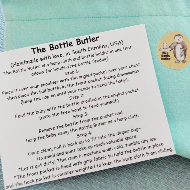 Bottle Butler, Burp Cloth Bottle Holder, Baby Shower Gift, Hands Free Bottle Feeding for New Moms and Grandparents, Handmade Shower Gift.