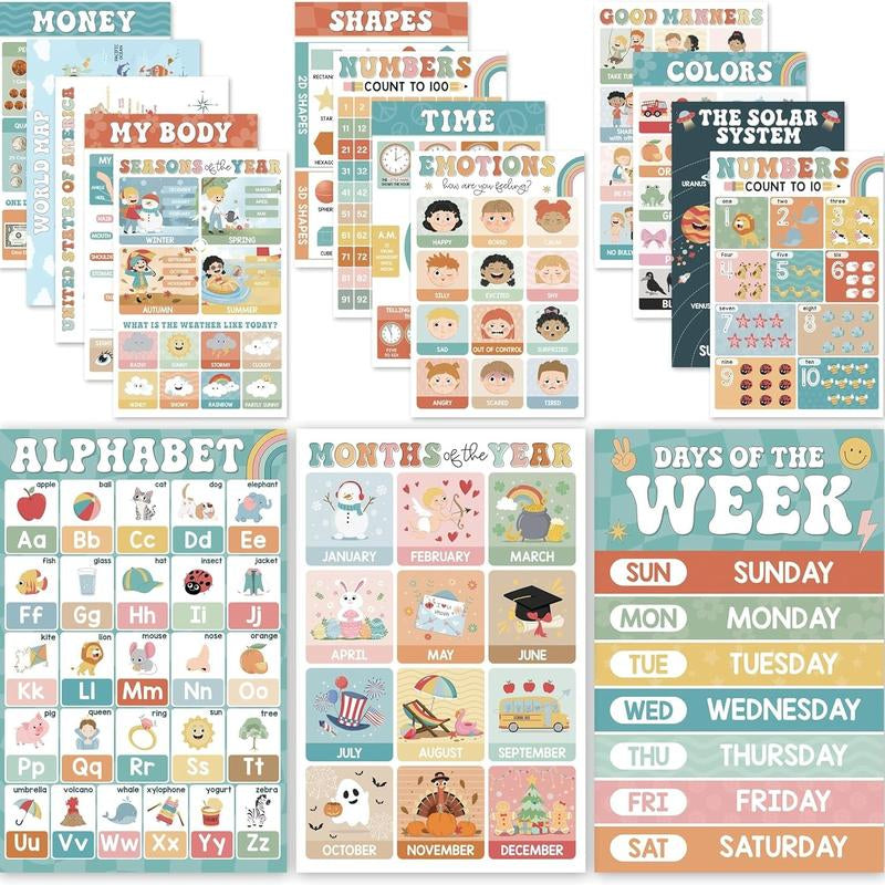 18 Laminated Educational Posters | Learning Charts for Preschool, Toddlers, Kindergarten & Homeschool | Interactive Classroom Decor, Back to School