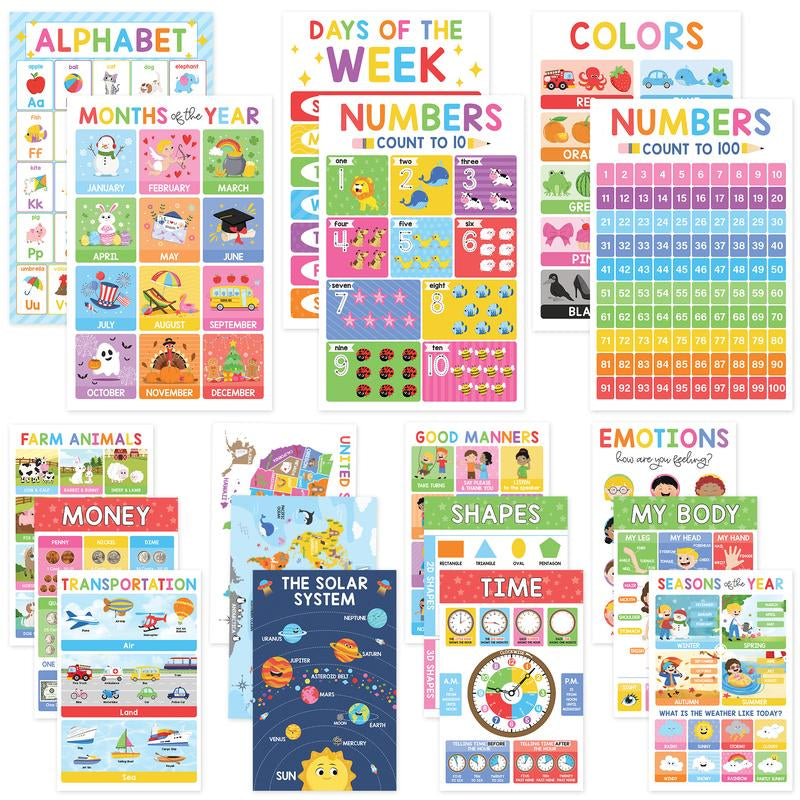 18 Laminated Educational Posters | Learning Charts for Preschool, Toddlers, Kindergarten & Homeschool | Interactive Classroom Decor, Back to School