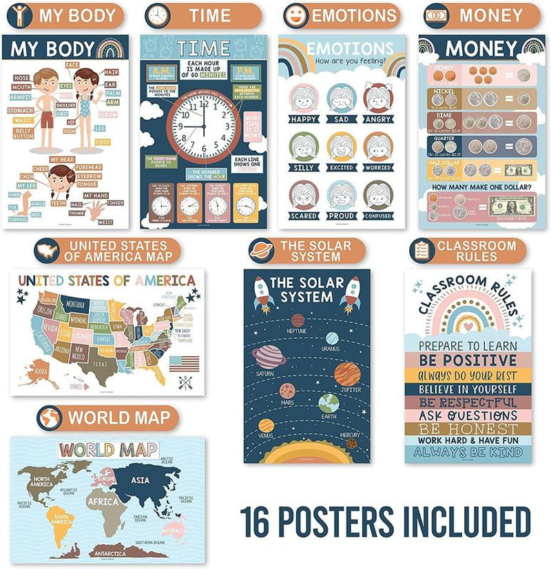 Hadley Designs Boho Early Learning Poster Pack Prek Educational Posters 16 Engaging 11X17 Laminated USA Made Classroom Decor for Toddlers and Preschoolers