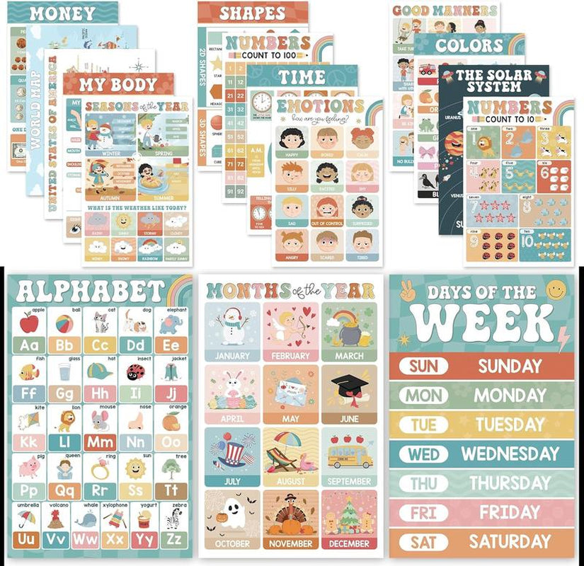 18 Laminated Educational Posters | Learning Charts for Preschool, Toddlers, Kindergarten & Homeschool | Interactive Classroom Decor, Back to School
