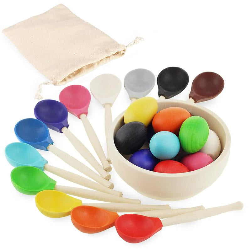 Ulanik Eggs and Spoons Toddler Montessori Toys for 1 Year Old + Kids Wooden Eggs Baby Matching Game for Learning Color Sorting and Counting — 12 Pcs, 1.8 In