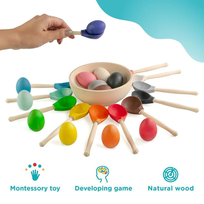 Ulanik Eggs and Spoons Toddler Montessori Toys for 1 Year Old + Kids Wooden Eggs Baby Matching Game for Learning Color Sorting and Counting — 12 Pcs, 1.8 In