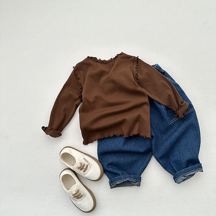 Girls Tops Spring And Autumn Style Children’s Solid Color Long-Sleeved T-Shirts For Girls With Ear-Shaped Inner Bottoming Shirts-7