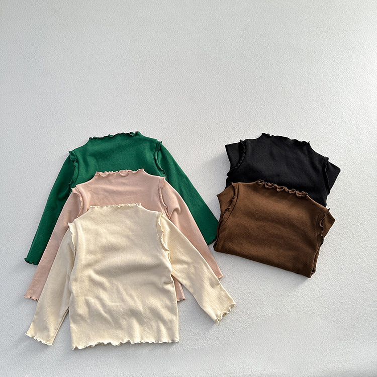 Girls Tops Spring And Autumn Style Children’s Solid Color Long-Sleeved T-Shirts For Girls With Ear-Shaped Inner Bottoming Shirts-0