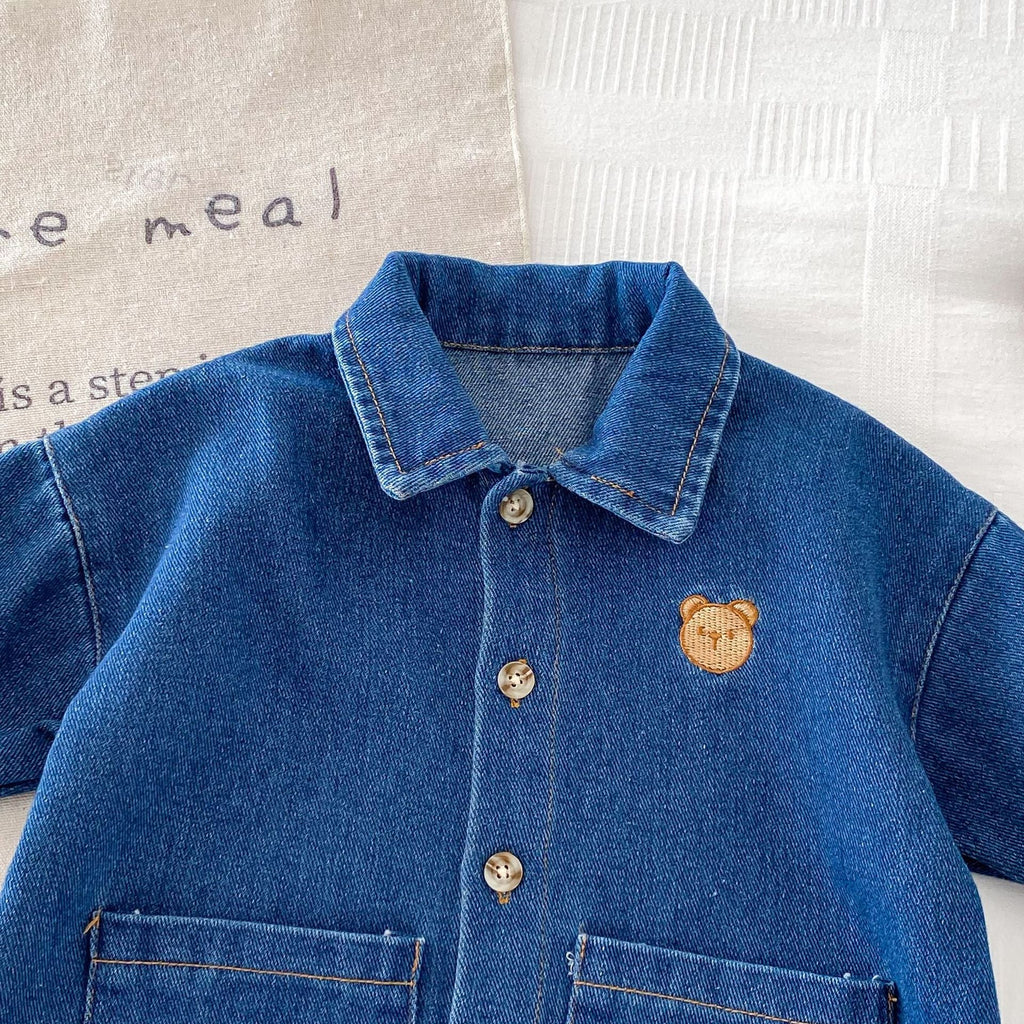 Autumn and Spring Arrival Baby Unisex Long Sleeves Cartoon Pattern Single Breasted Denim Rompers-4