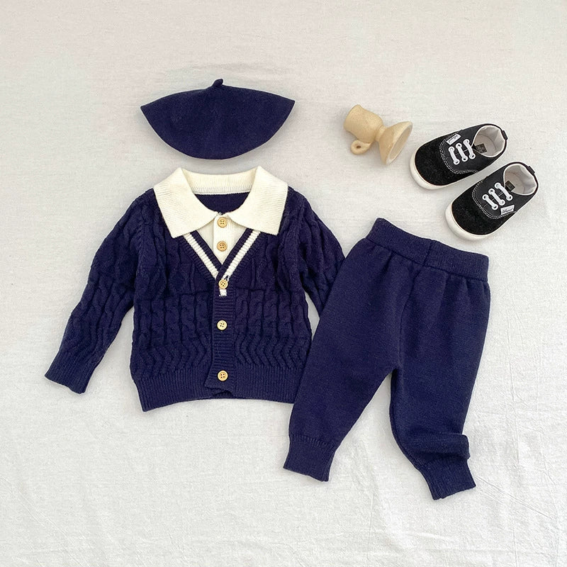 Arrival Autumn Baby Unisex Long Sleeves Geometric Pattern Knitted Top Cardigan and Long Trousers Clothing Set-3