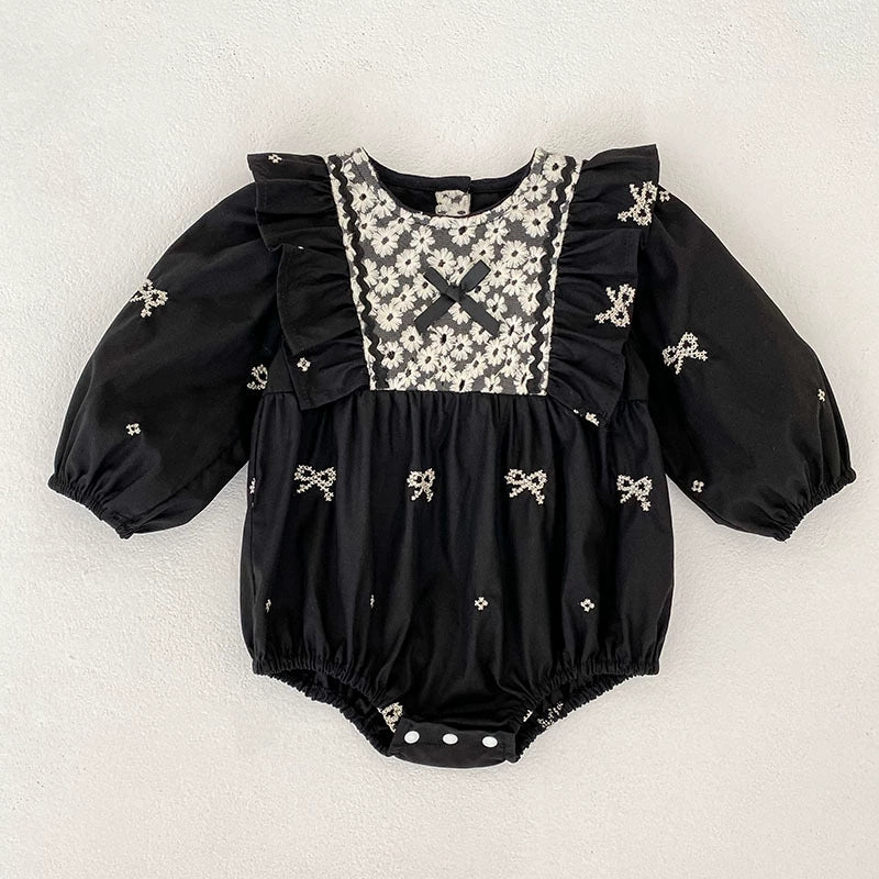 Autumn Arrival Baby Girls Color Patchwork Flowers and Butterfly-bows Pattern Long-sleeved Onesies and Dress – Princess Sister Matching Set-1