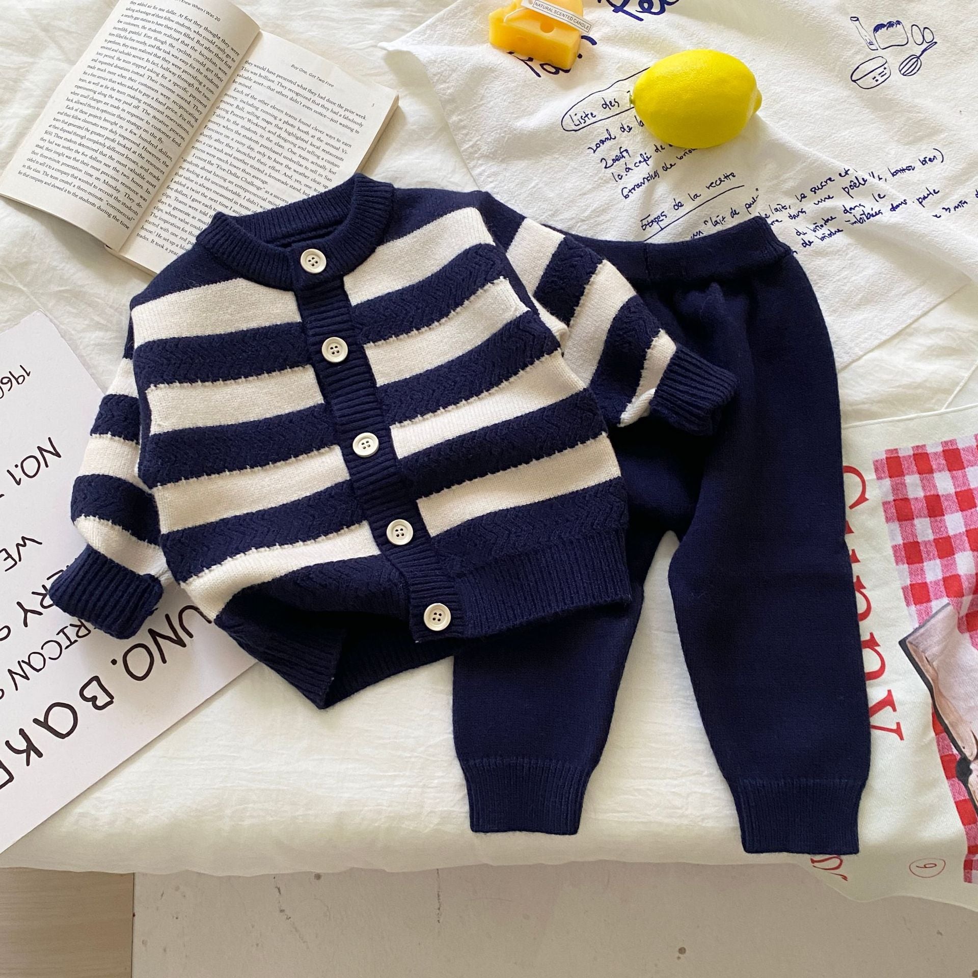 Autumn and Winter Arrival Baby Kids Unisex Long Sleeves Striped Pattern Crew Neck Knitted Cardigan and Pants Clothing Sets-0
