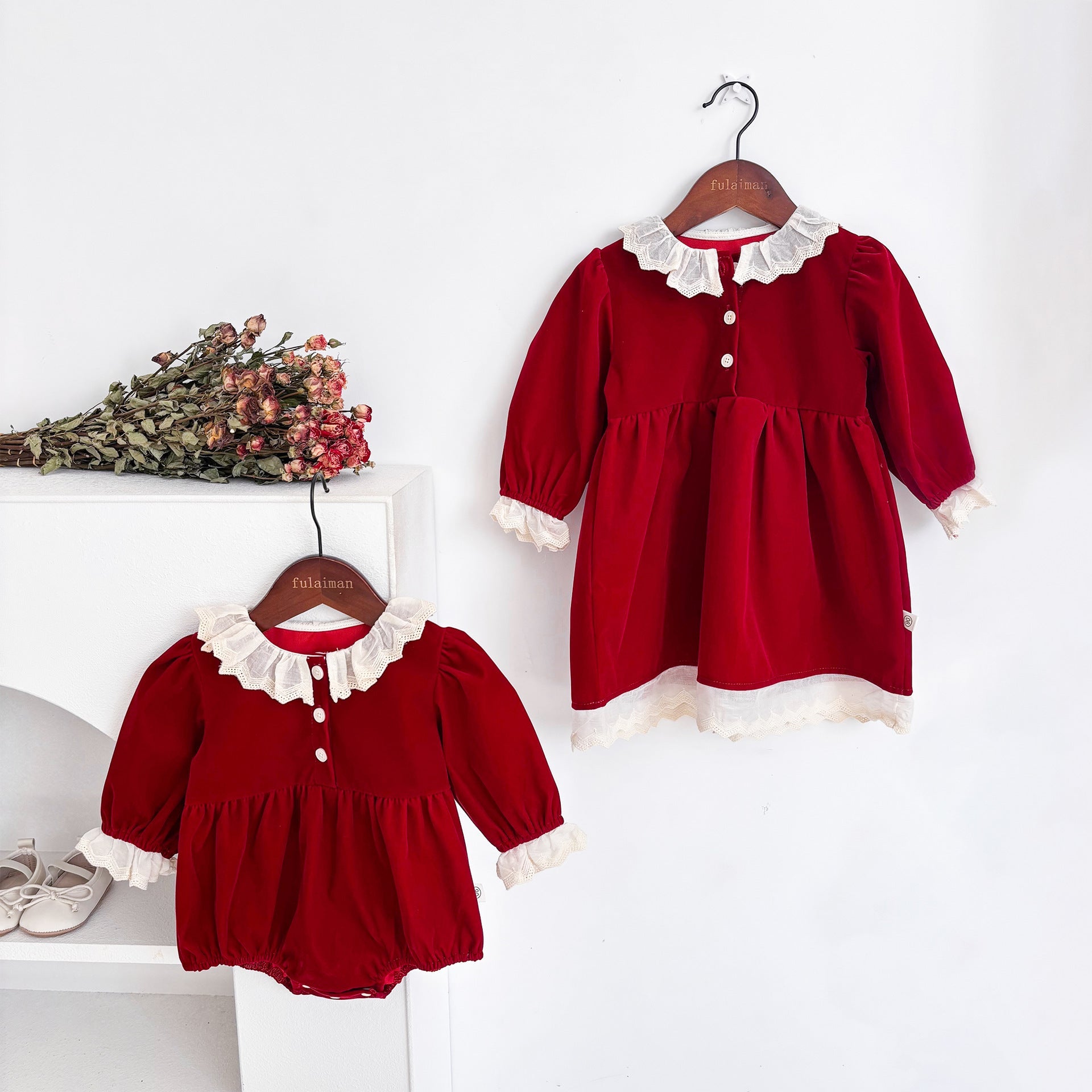 Autumn Arrival Baby Kids Girls Color Patchwork Long-sleeved Onesies and Dress – Princess Sister Matching Set-1