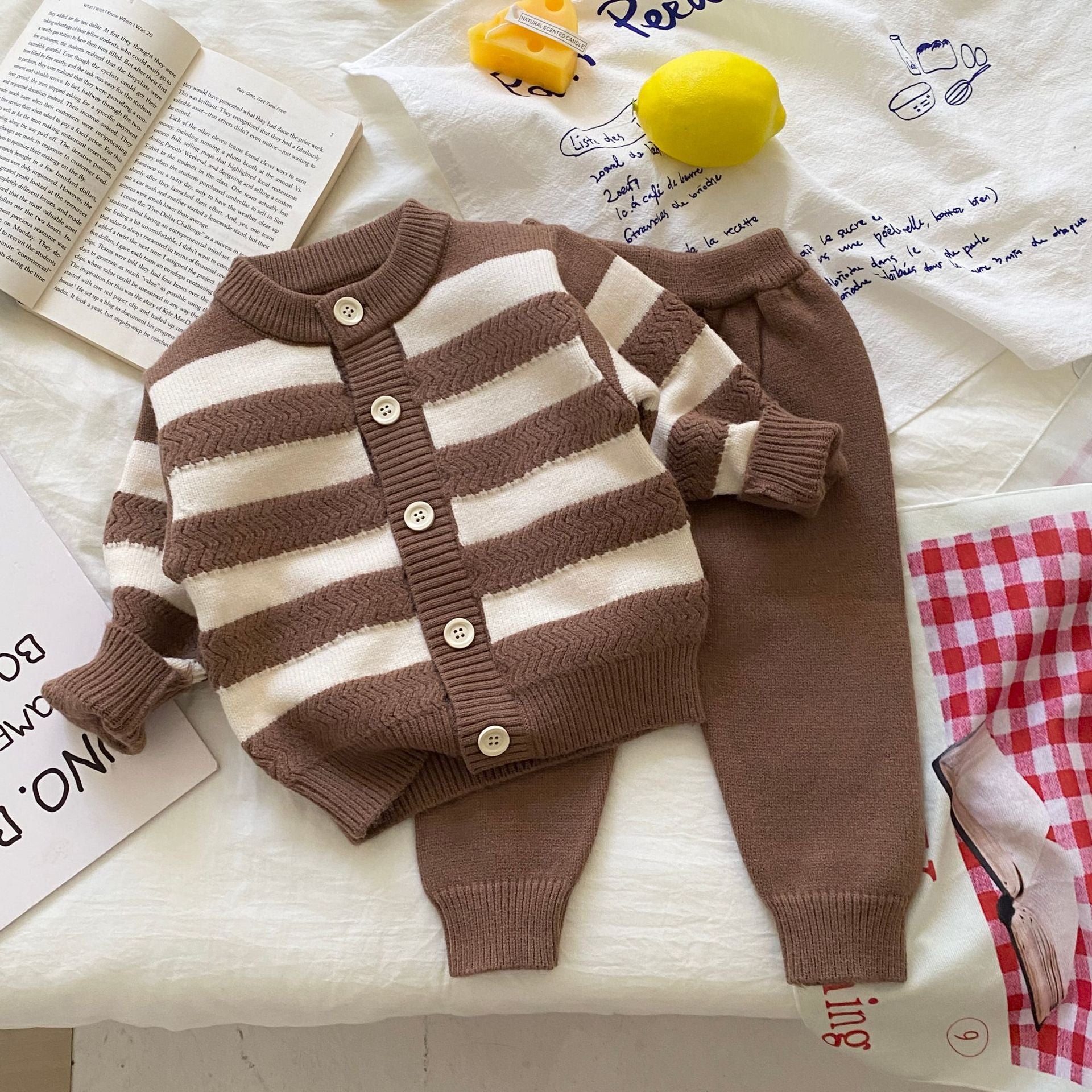 Autumn and Winter Arrival Baby Kids Unisex Long Sleeves Striped Pattern Crew Neck Knitted Cardigan and Pants Clothing Sets-1