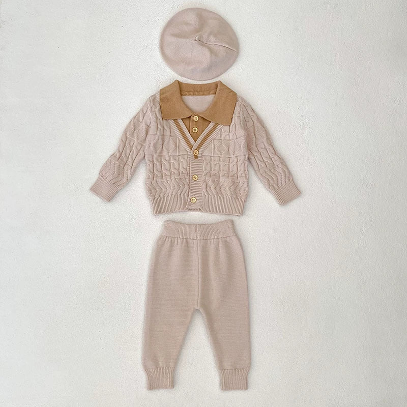 Arrival Autumn Baby Unisex Long Sleeves Geometric Pattern Knitted Top Cardigan and Long Trousers Clothing Set-1