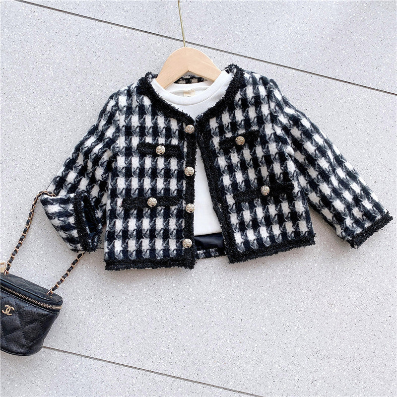 Girls Houndstooth Pattern Single Breasted Cardigan&Skirt Elegant Style Sets-2