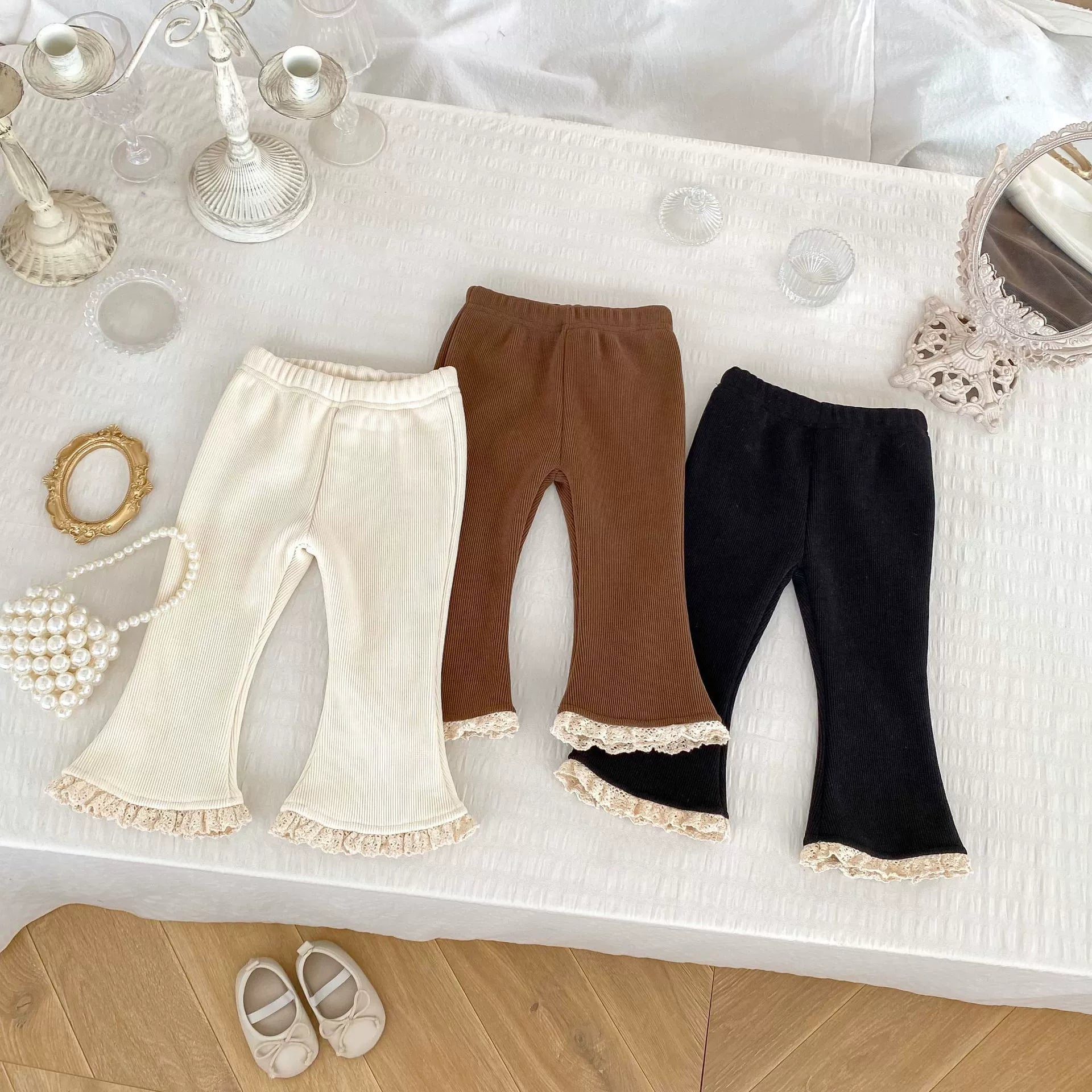 Autumn Arrival Modern Baby Kids Girls Lace Trim Decorated Warm Fleece Pants-0