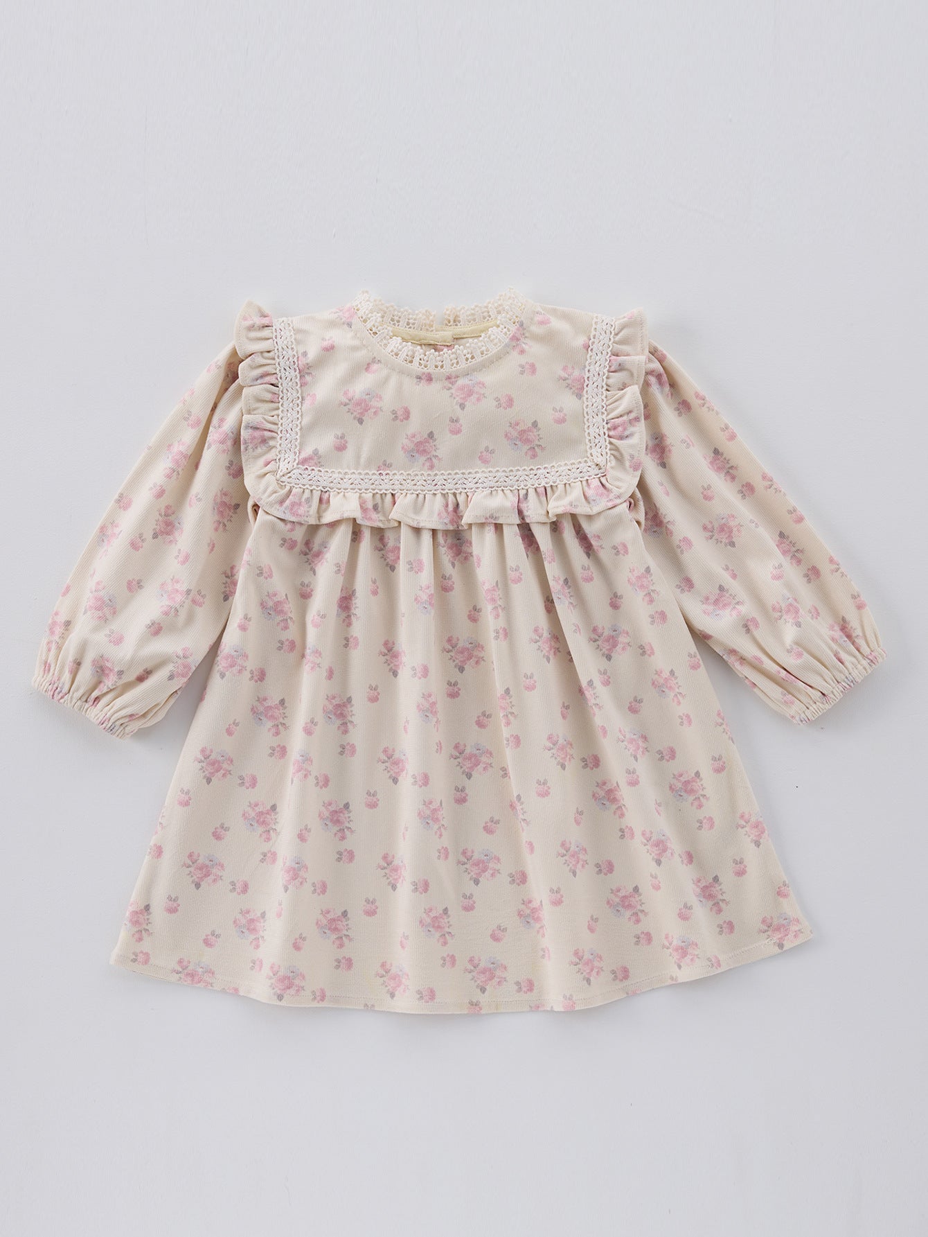 Autumn Floral Print Long-sleeved Dress with Lace Collar for Stylish Girls